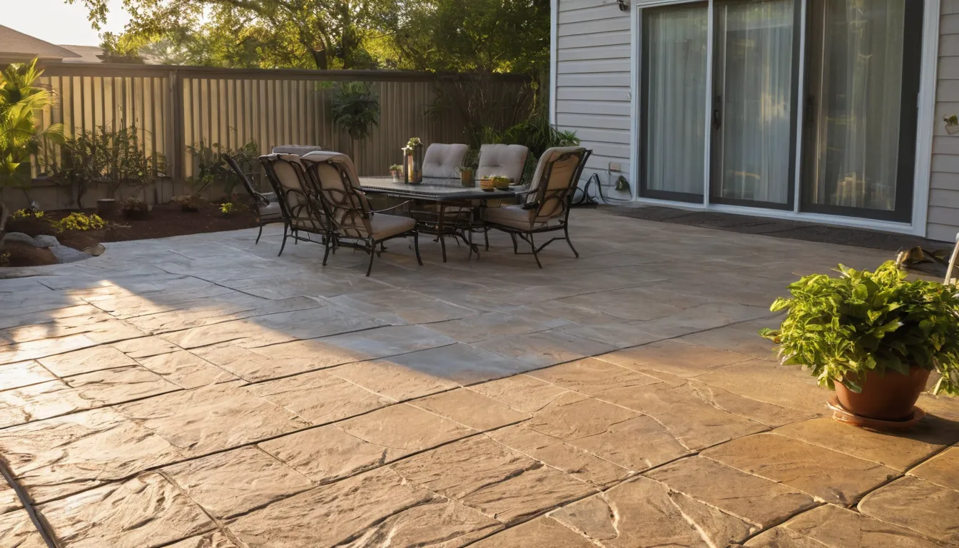 A stamped concrete patio behind a bungalow in Euclid