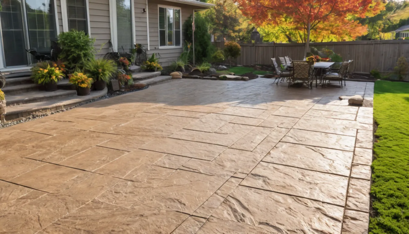 Stamped concrete patio with a stone pattern behind a home in Euclid
